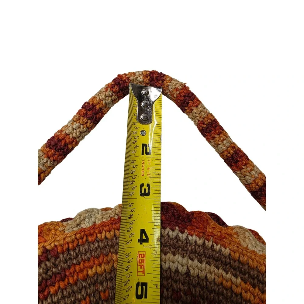 Vintage Handmade Crochet Circle Bag Orange Brown Spiral Round Tote Boho Lined G1